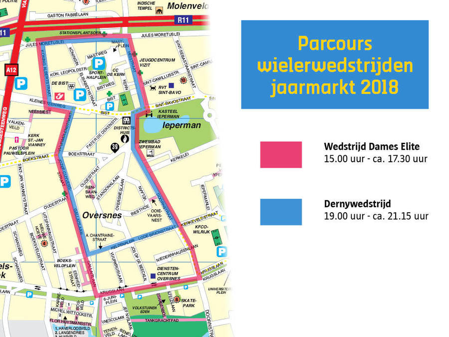 Het parcours van de wielerwedstrijden tijdens de jaarmarkt.